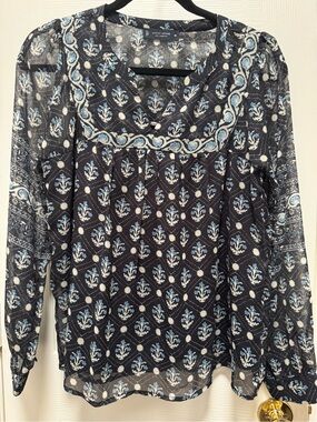 Lucky Brand Navy and Light Blue Printed Peasant Top